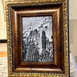 Framed black & white image of Mission Xavier del Bac in Tucson, Arizona